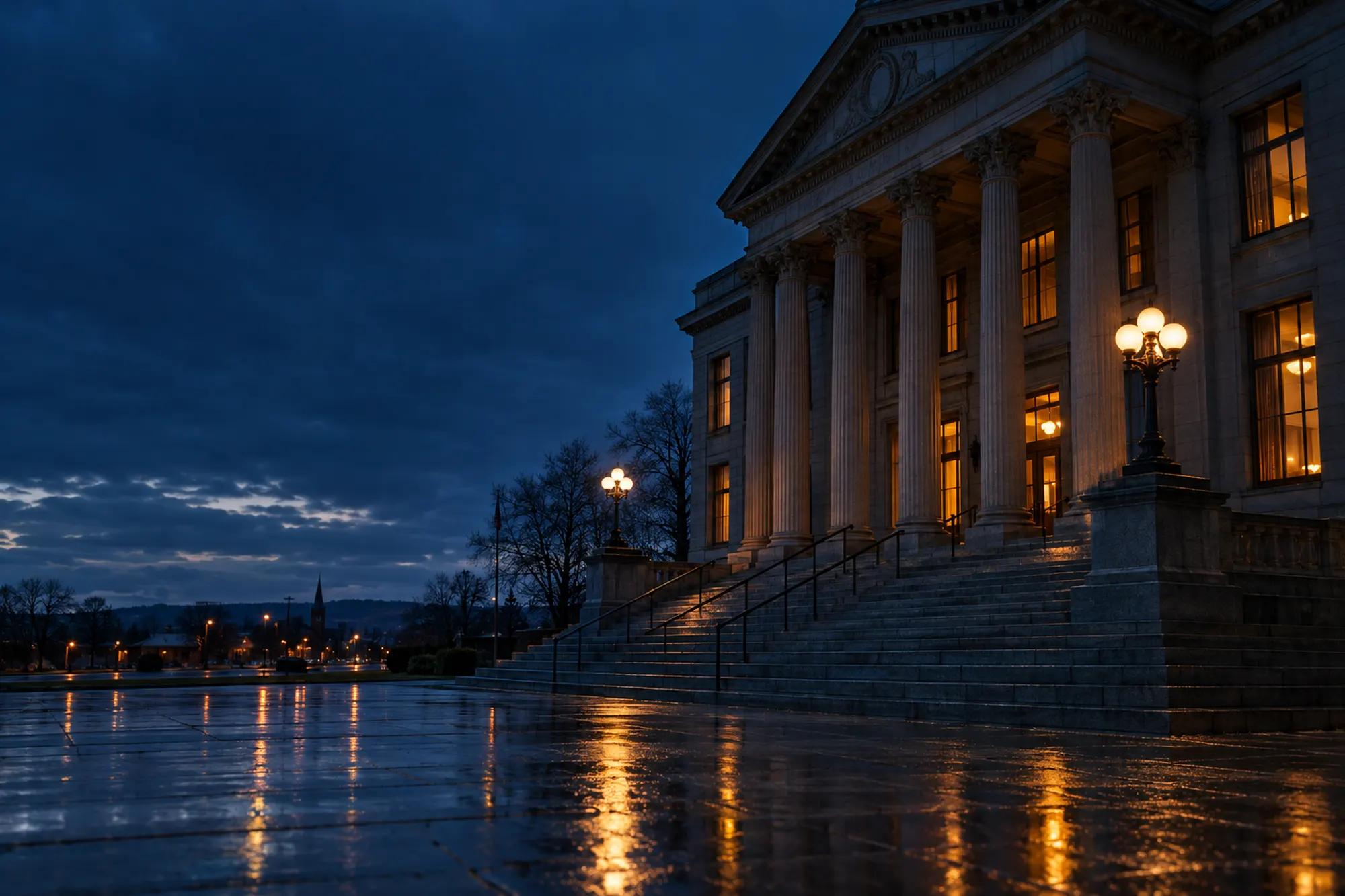 A New Jersey courthouse at dusk